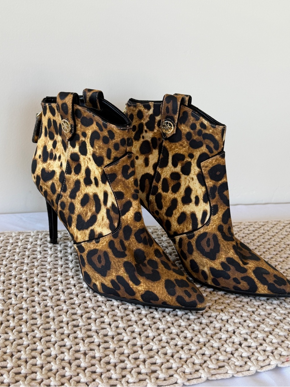 Guess Leopard Print Ankle Booties in Tan and Black